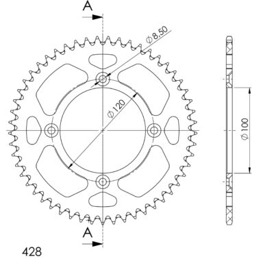 Couronne aluminium Pas 428 - 52 dents Yamaha YZ85 LW (19''/16'') CB04 CB05 CB07 CB08 CB09 - Supersprox (AF104X52)