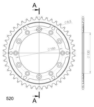 Couronne acier Pas 520 - 44 dents Honda CB250 RSC (cour.6 trous diam.8.5mm) F - Supersprox (CA30444)