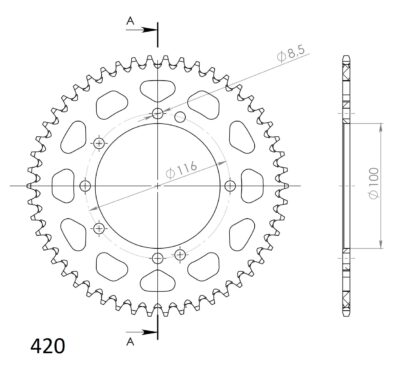 Couronne Alu RAL-457:50-BLK (50 dents) Kawasaki KX85 (17''/14'') 420 KX085A - Supersprox