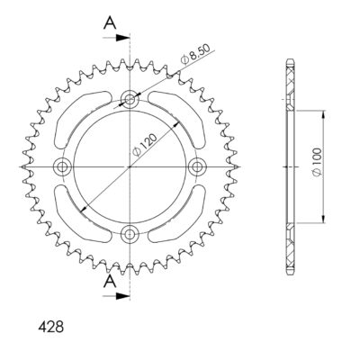 Couronne aluminium Pas 428 - 44 dents - Supersprox